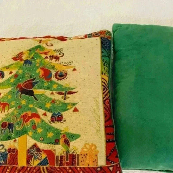 Laurel Burch Cats Pets Christmas Tree Tapestry 2Pillows Green Faux Velvet Back - Picture 6 of 6